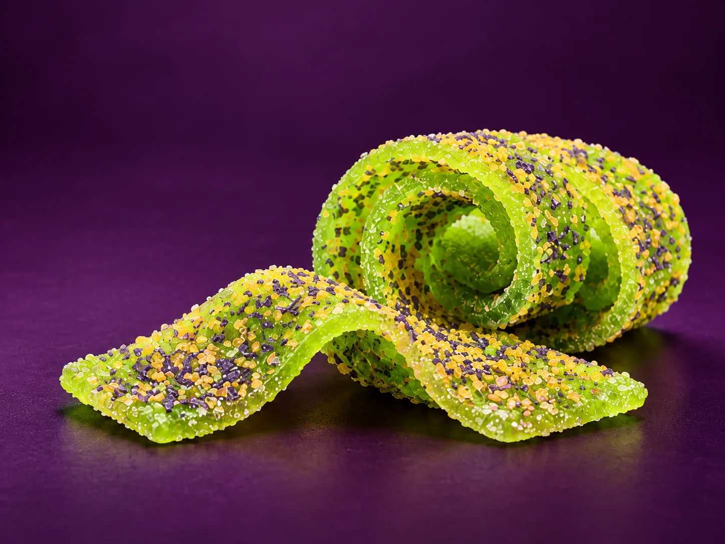 Close-up campaign artwork showing rolled green Crunchy Belts and their textured crystal coating.