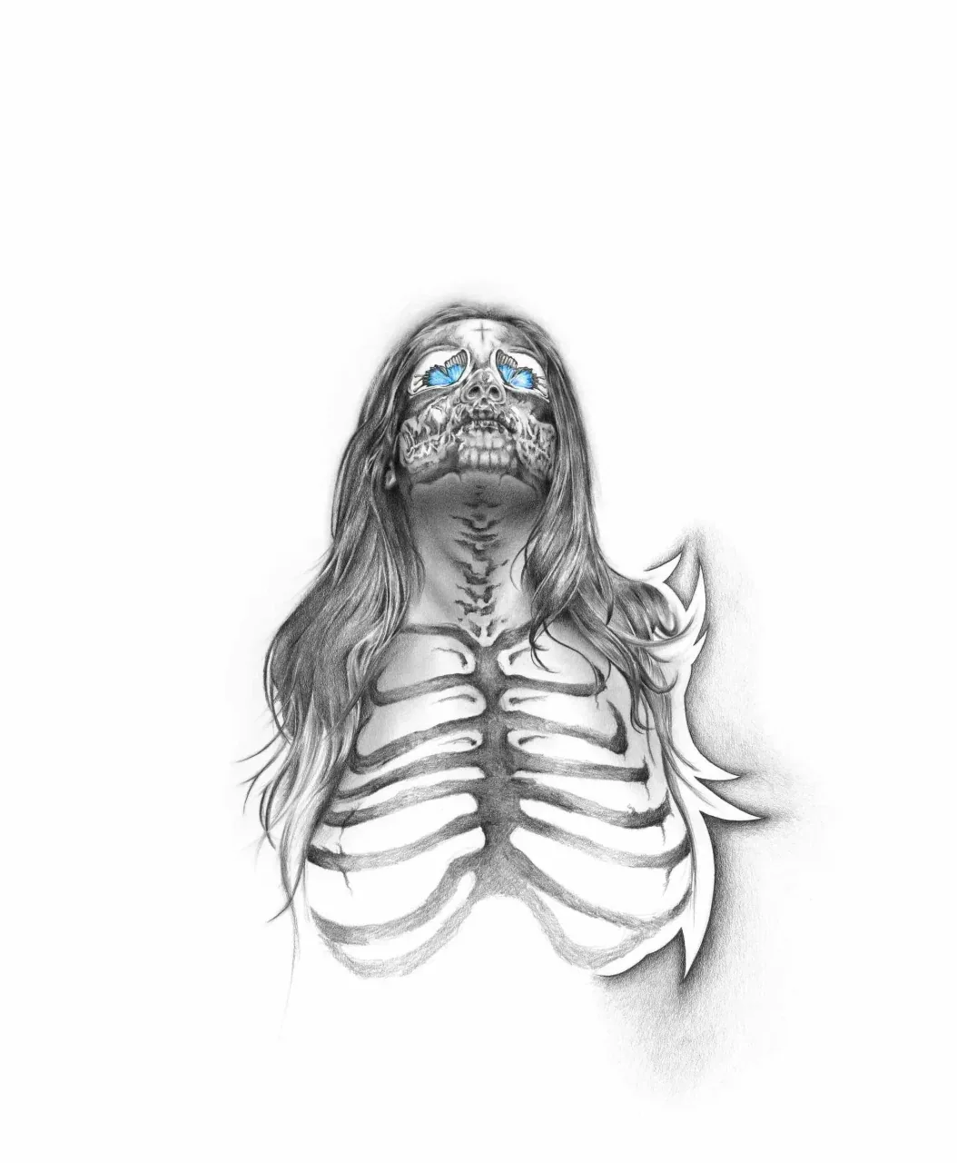 Antonio Pelayo artwork depicting a woman with skeletal face and body paint and blue butterfly eyes.