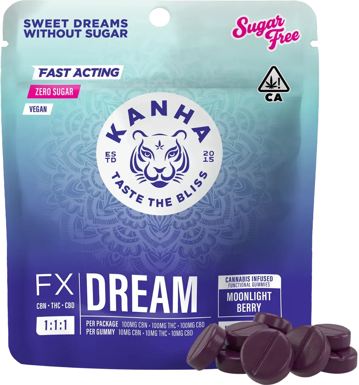 KANHA FX Dream Moonlight Berry package with purple gummies, showing a 1:1:1 CBN, THC, and CBD blend.
